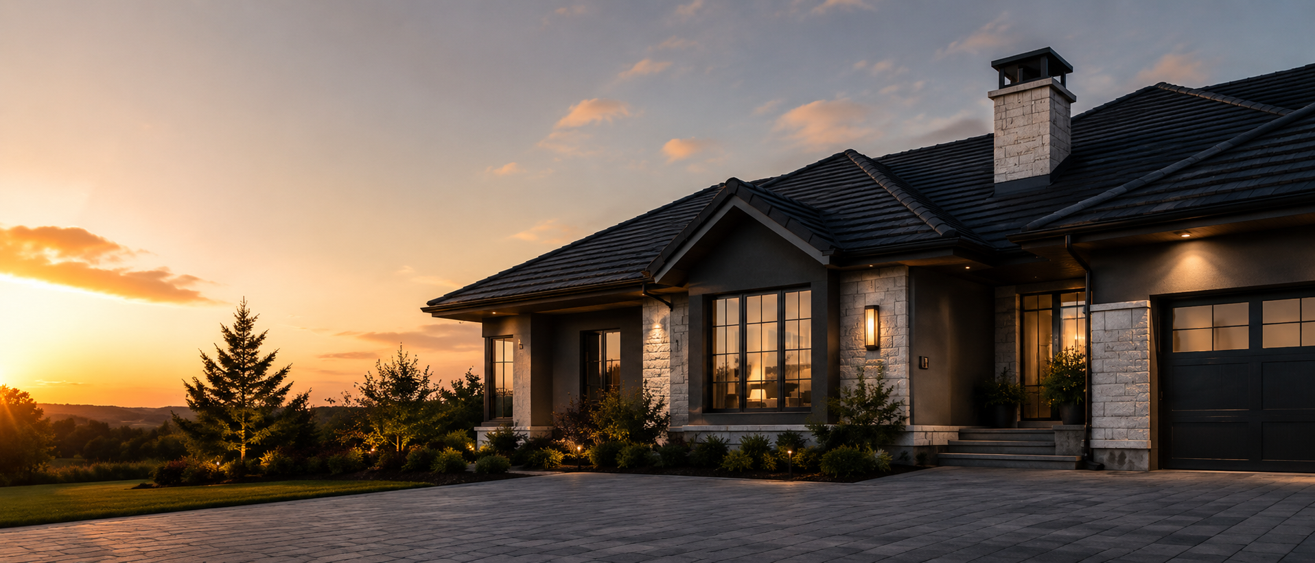 Residential home with newly restored roof and warm interior lights
